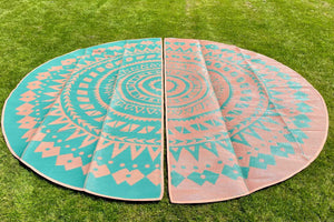blue and tan boho rug for bell tent