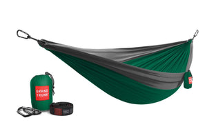 Green and gray hammock set with carrying bag and straps on a white background