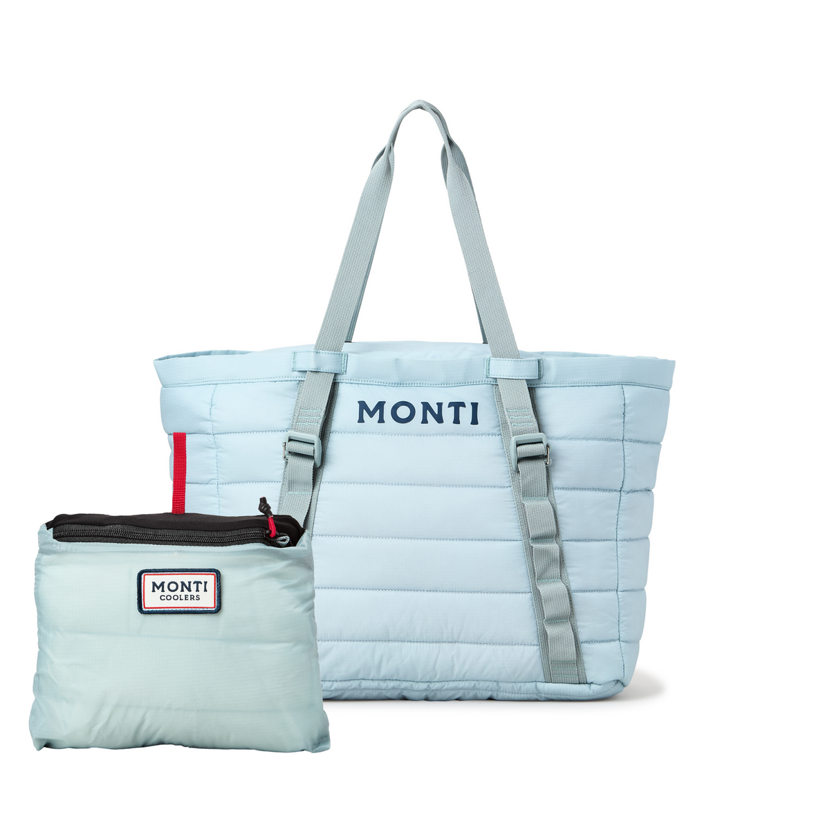 Light blue quilted tote cooler with 'Monti' branding on a white background