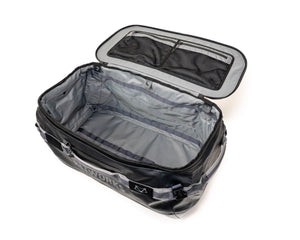 Black suitcase with open lid on a white background