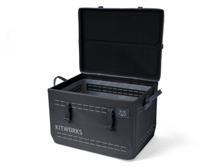 Black camping storage box with open lid on a white background, featuring 'KITWORKS' branding.