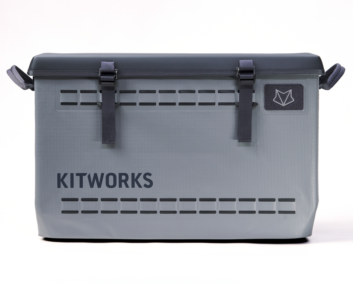 Gray storage box with 'KITWORKS' branding on a white background