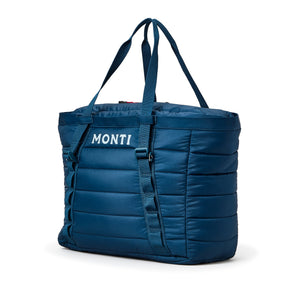 Blue tote cooler with 'Monti' branding on a white background