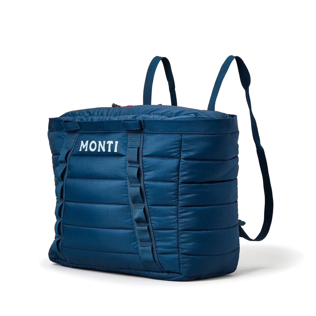 Blue backpack cooler with 'Monti' branding on a white background