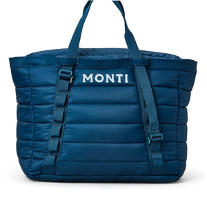 Blue cooler bag with 'Monti' branding on a white background