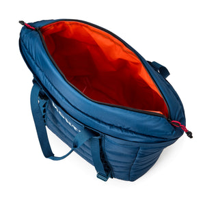 Blue backpack cooler with open front compartment showing red interior on a white background