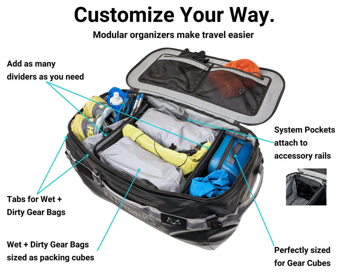 Open suitcase with modular organizers and text highlighting features