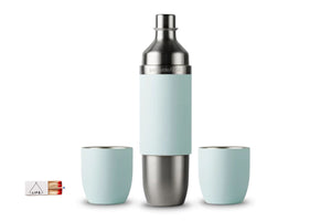 A stainless steel parkside wine flask with a pale mint green silicone outside, flanked by two matching pale mint green tumblers, on a white background. A small matchbox with a 'LIFE' logo is visible in the bottom-left corner.