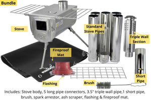 Hot tent Stove bundle with components labeled on a white background