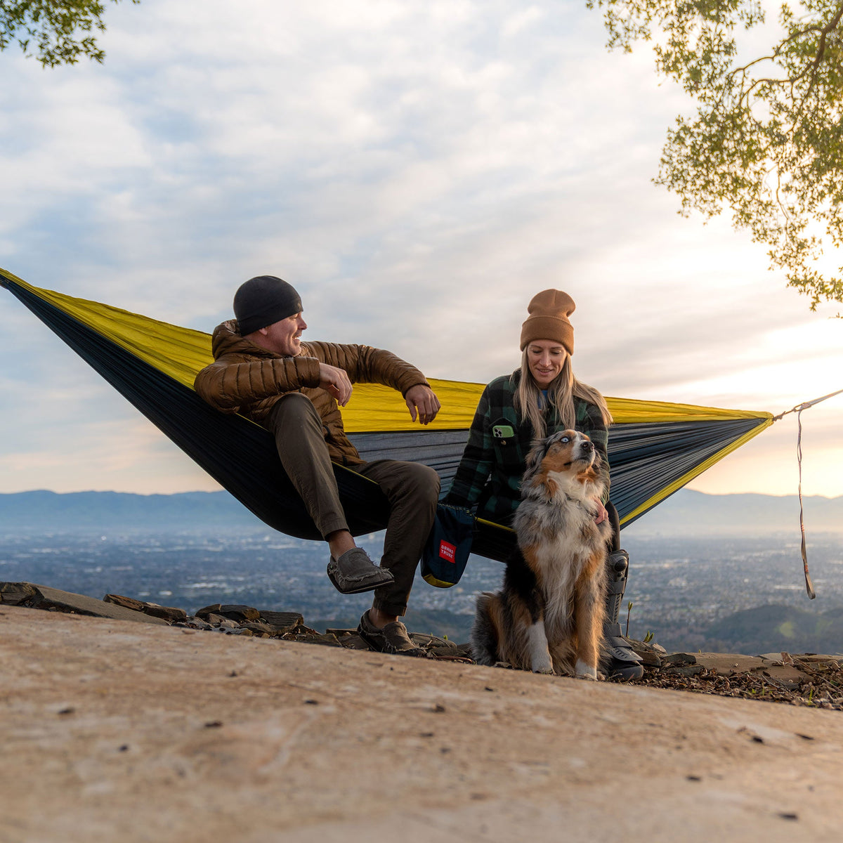 Two people sitting in a hammock with a dog on a mountain top