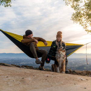 Two people sitting in a hammock with a dog on a mountain top