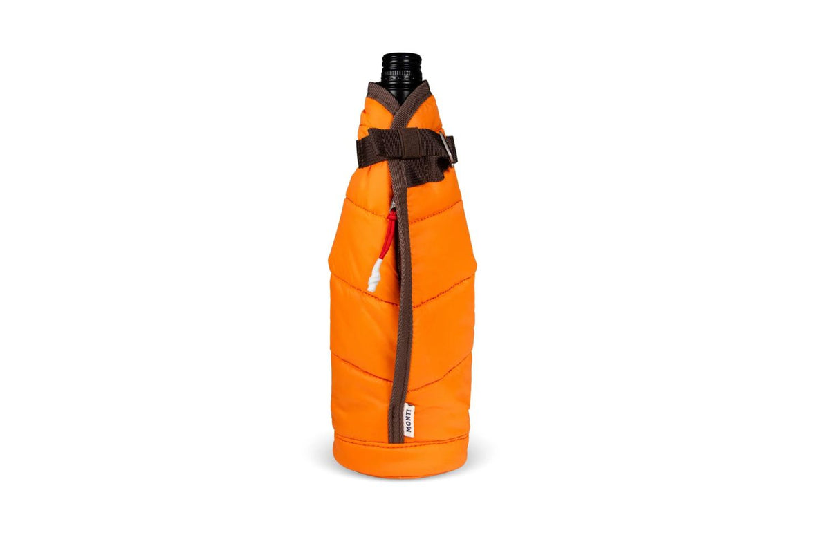 An orange insulated wine bottle sleeve with dark brown straps and a black top collar, shown on a white background.