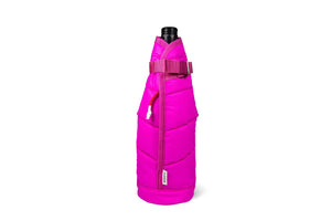 A bright pink insulated wine bottle sleeve with a black neck opening and a matching pink strap closure, shown on a plain white background.