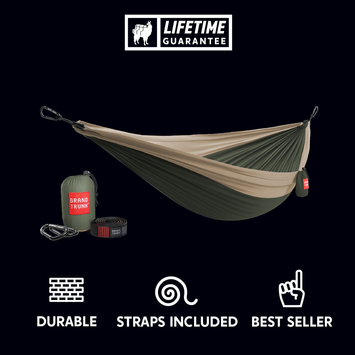 Hammock set with carrying bag and straps on a black background, featuring a 'Lifetime Guarantee' logo.