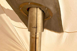 A close-up of a stainless steel winnerwell metal pole fitting connected to a beige canvas bell tent, showing the winnerwell logo printed on the metal.