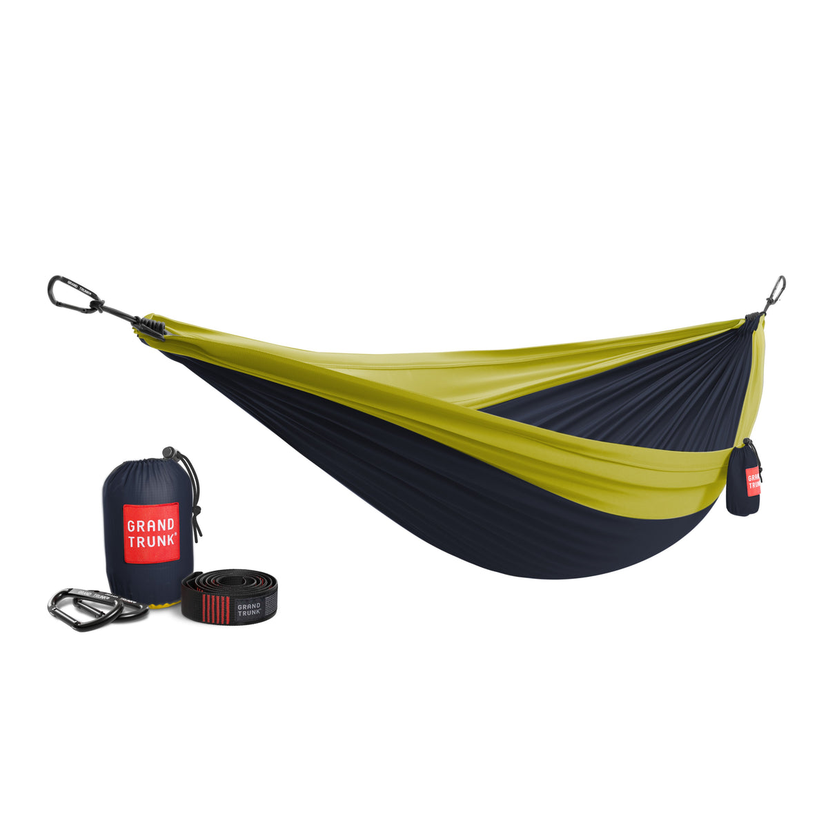 Green and navy hammock with carrying bag and straps on a white background