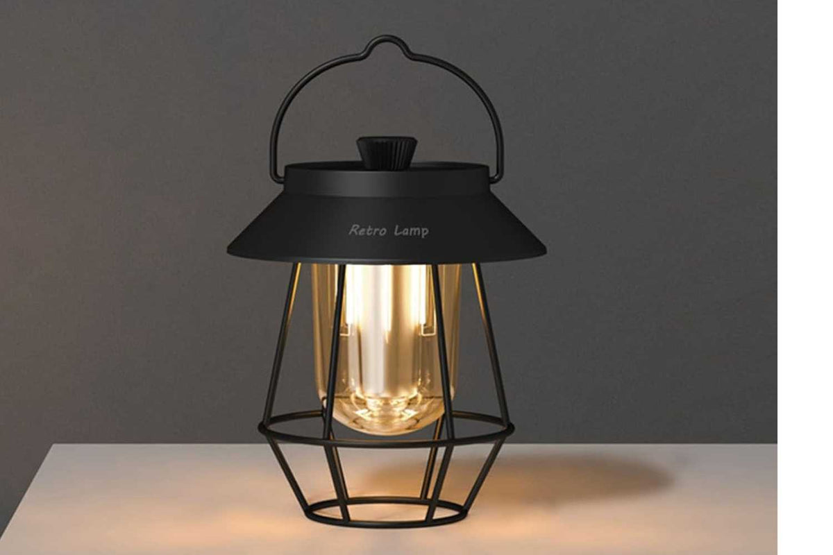 black retro lantern on table