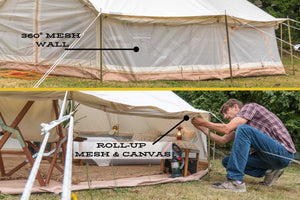 mesh and canvas wall rolled up on yurt tent