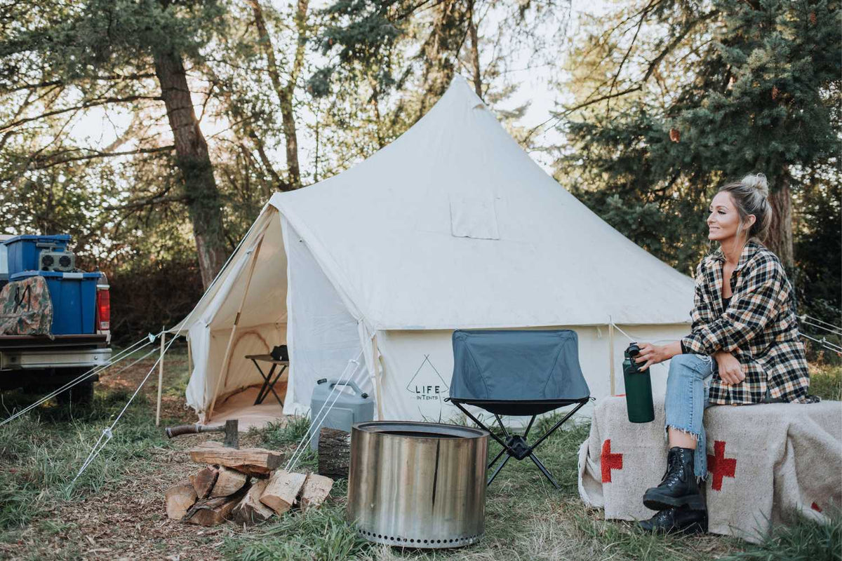 hunting tent with woman
