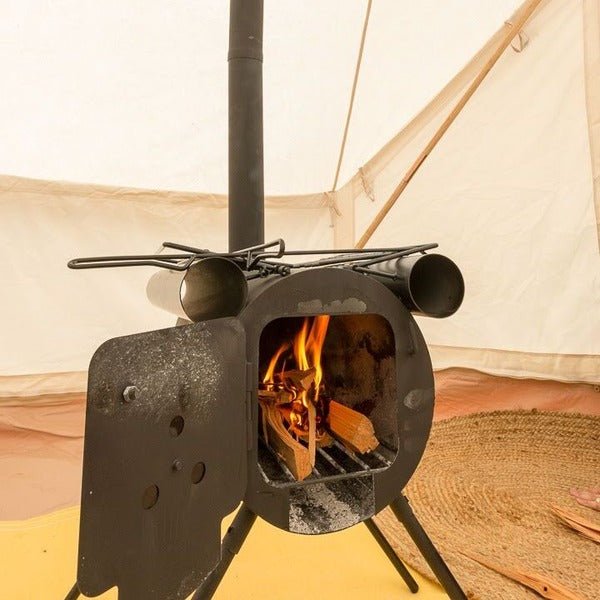 Wood burning in a tent Stove