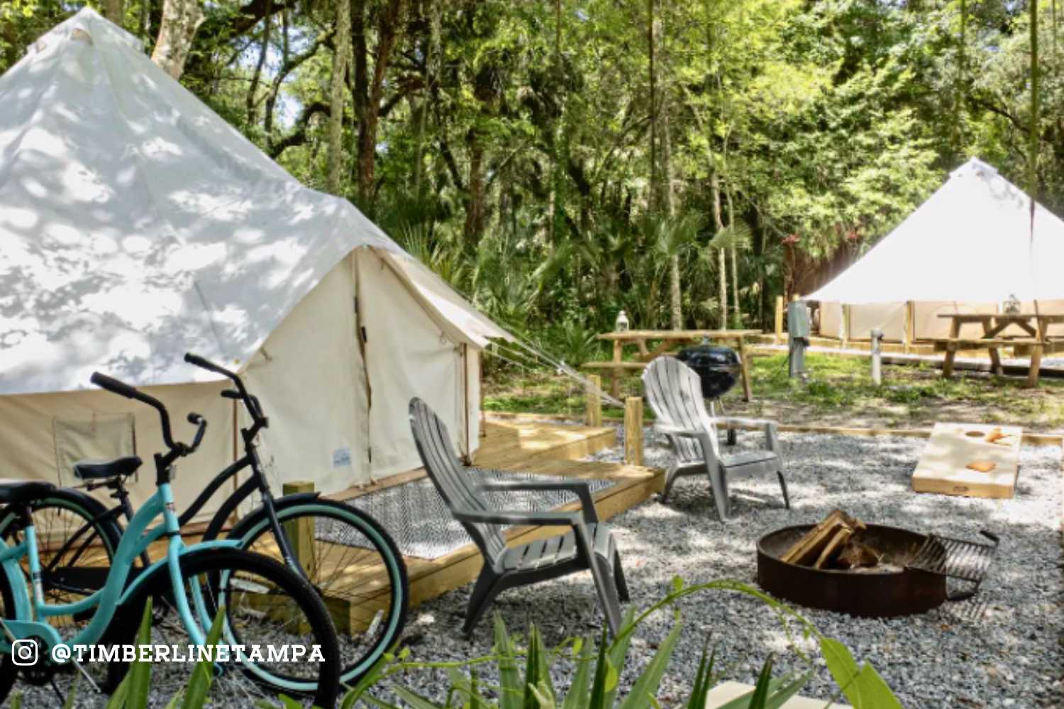 Timberline Tampa Glampsite with bikes and chairs and firepit
