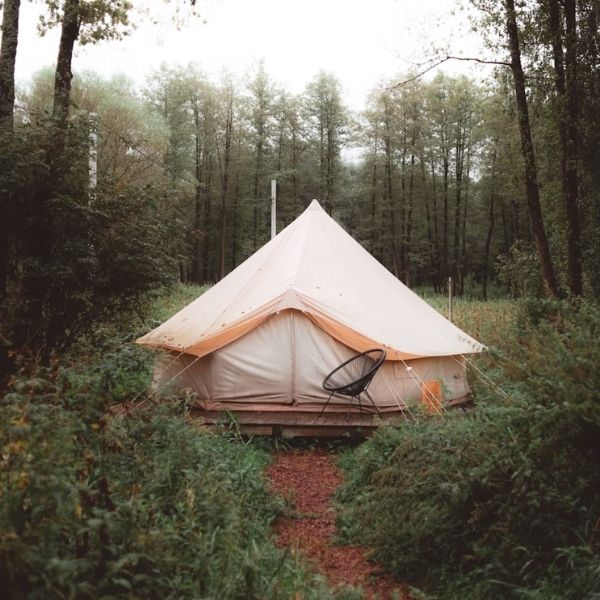 canvas bell tent setup in humid rainy forest