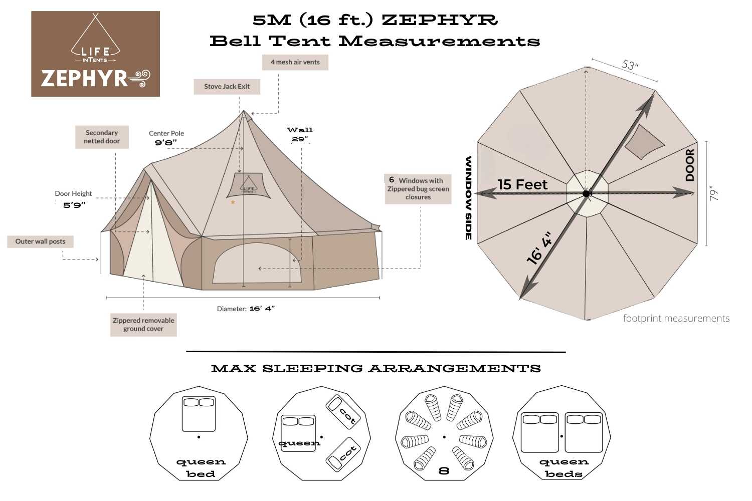 tent dimension 16' (5M) Zephyr Tent Cabin | Bell Tent With Vented Picture Window