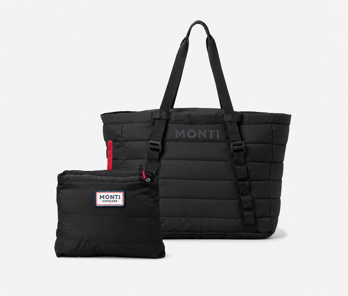 Black puffer tote cooler with a smaller matching pouch on a white background, featuring the brand 'Monti.'
