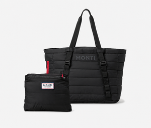 Black puffer tote cooler with a smaller matching pouch on a white background, featuring the brand 'Monti.'