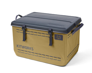 Brown camp storage box with gray lid on a white background, featuring 'KITWORKS' branding.