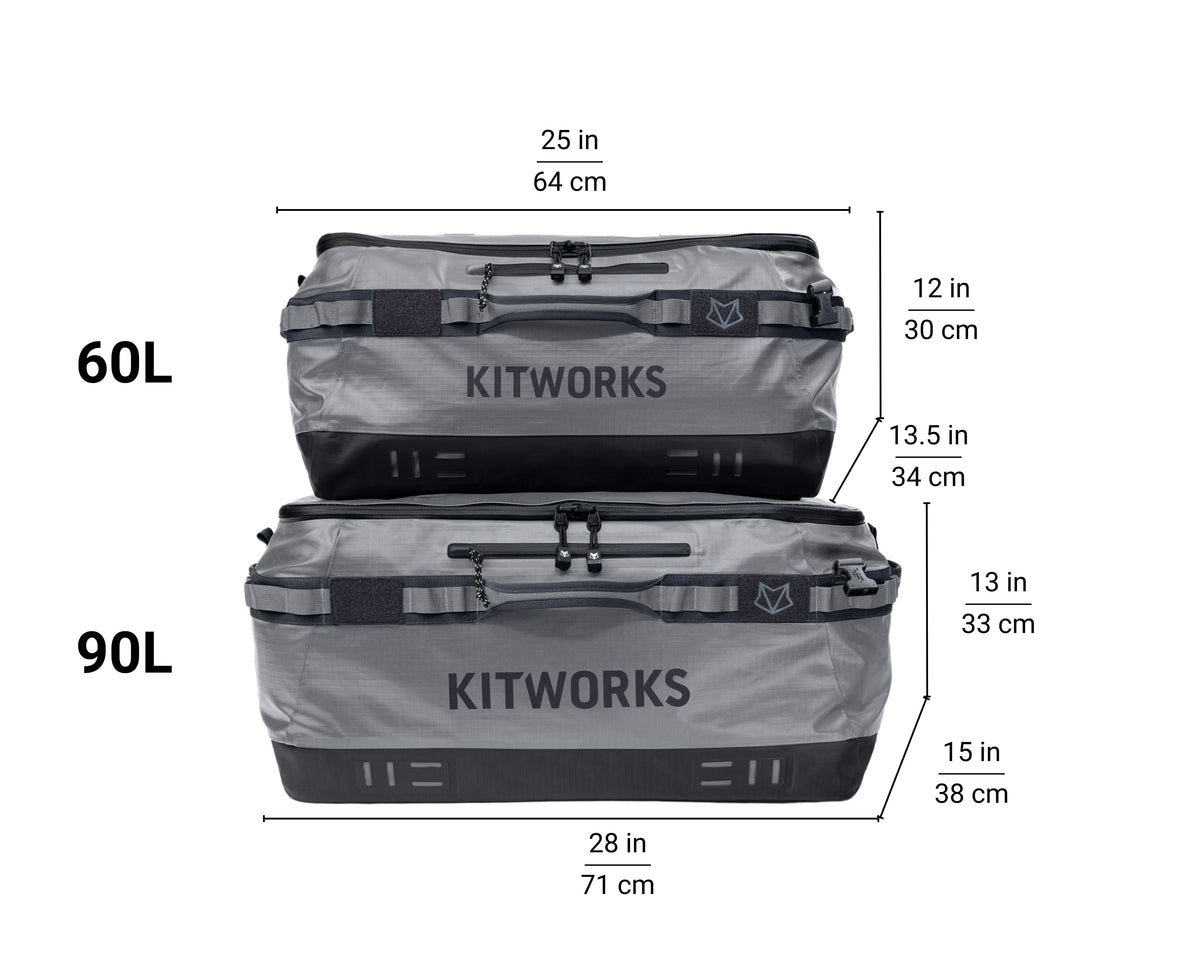 Two gray carrying cases with Kitworks branding and measurements on a white background