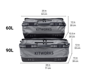 Two gray carrying cases with Kitworks branding and measurements on a white background