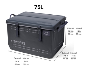 black gear box  with dimensions labeled, featuring the brand 'KITWORKS'.