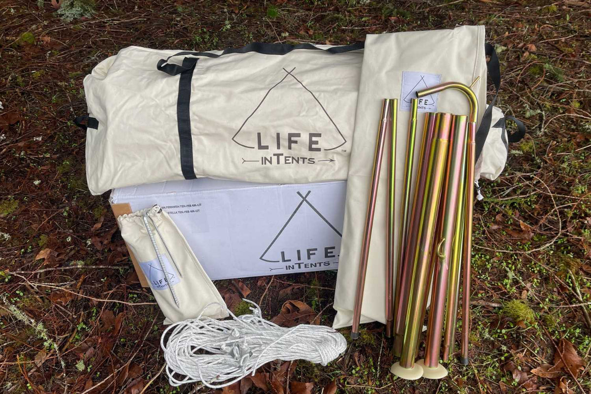 bag and poles for canvas bell tent with life intents logo
