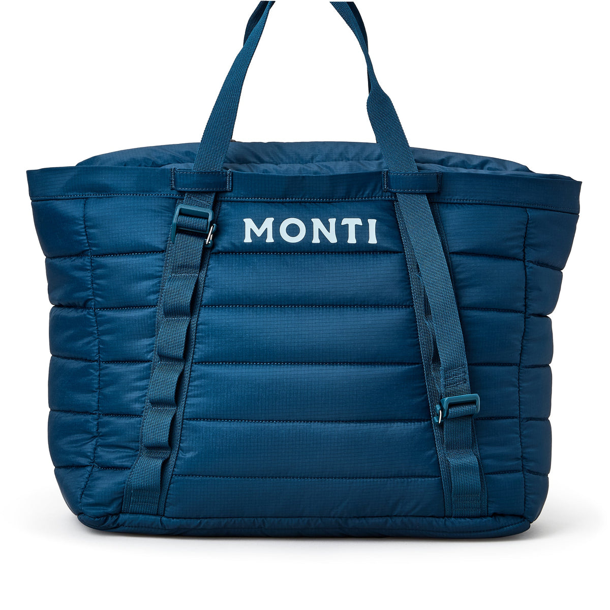 Blue cooler  bag with 'Monti' branding on a white background