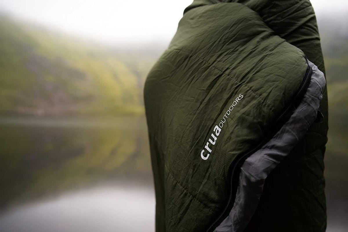 sleeping bag near lake
