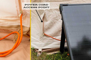 power access point on a glamping tent with an orange cord