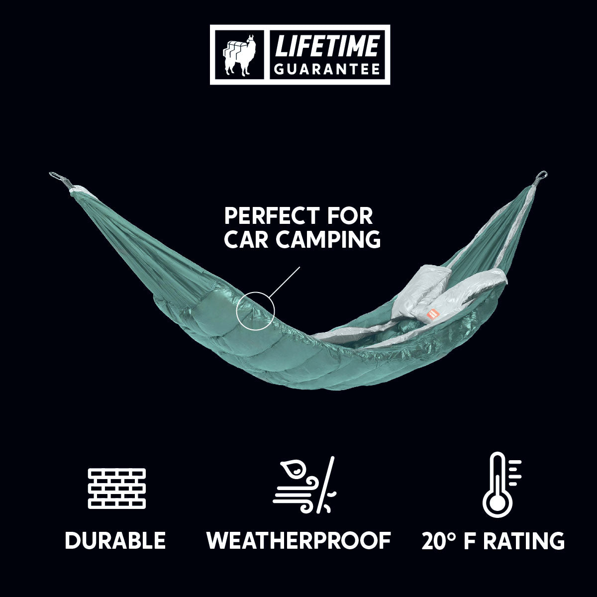 Teal hammock with car camping features on a black background