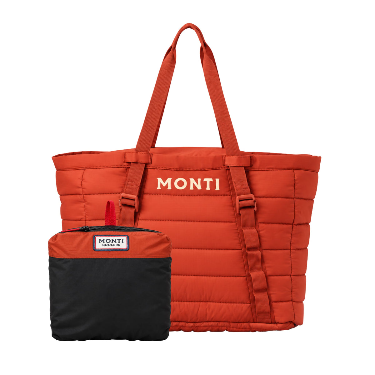 Monti puffer cooler bag in rust orange with white logo text, shown next to its folded matching pouch on a white background.