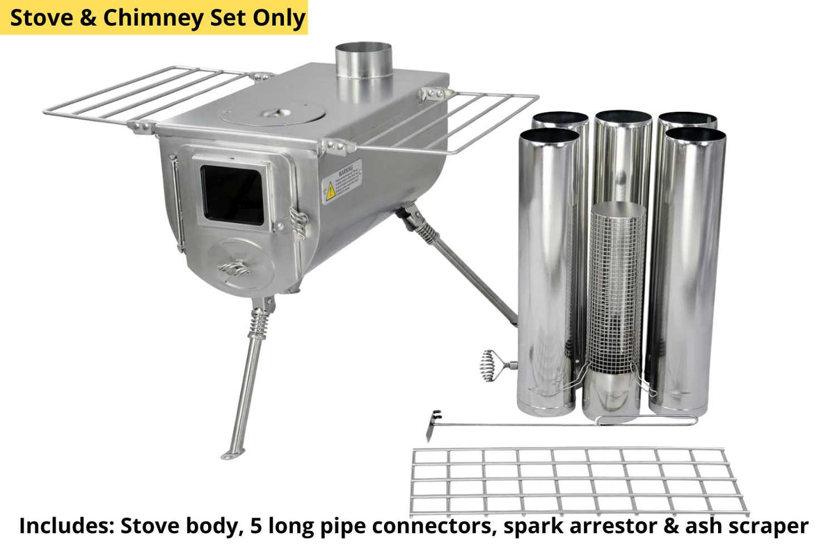 Tent Stove and chimney set with components on a white background