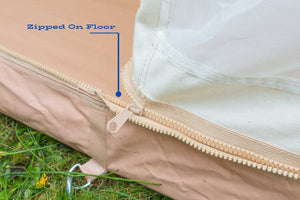details of zipped in floor of camping tent