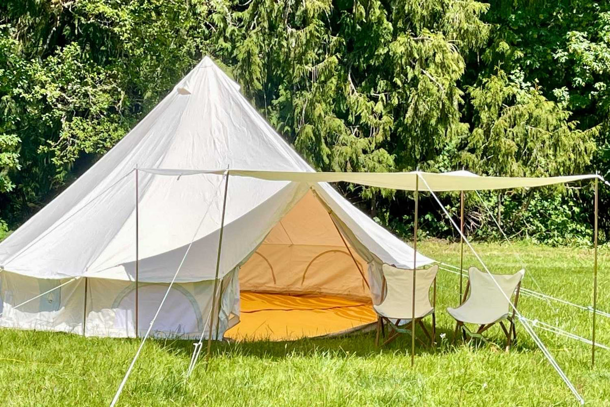 bell tent with canvas shade awning