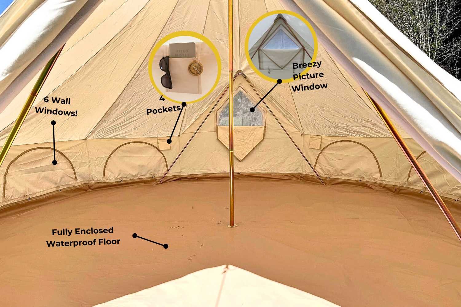 bell tent inner 16' (5M) Zephyr Tent Cabin | Bell Tent With Vented Picture Window