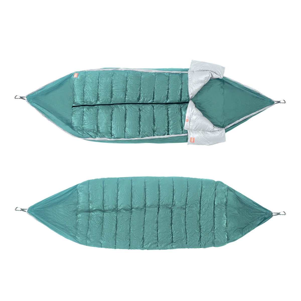 Teal sleeping bag with white interior on a white background