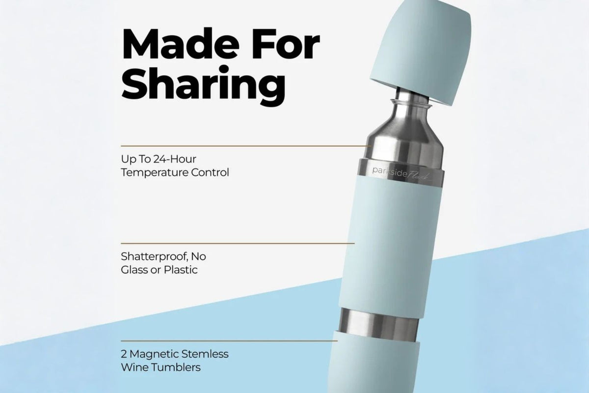 A promotional graphic for a wine tumbler set with the text 'Made For Sharing' and callouts about temperature control, shatterproof construction, and magnetic stemless wine tumblers. The product shown is a light blue and stainless steel wine tumbler on a white and blue background.