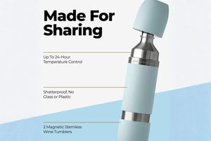 A promotional graphic for a wine tumbler set with the text 'Made For Sharing' and callouts about temperature control, shatterproof construction, and magnetic stemless wine tumblers. The product shown is a light blue and stainless steel wine tumbler on a white and blue background.