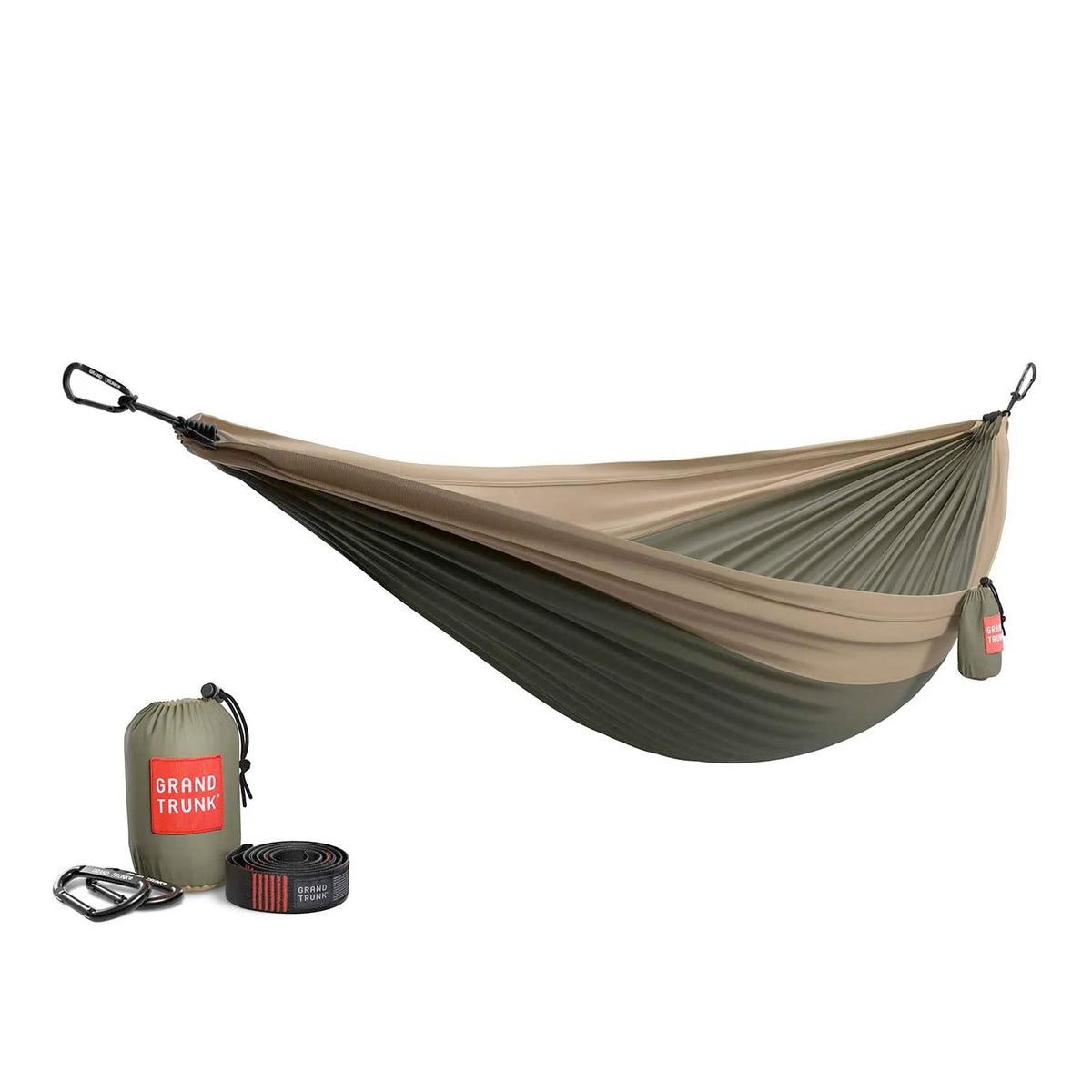 Brown and green hammock with carrying bag and straps on a white background