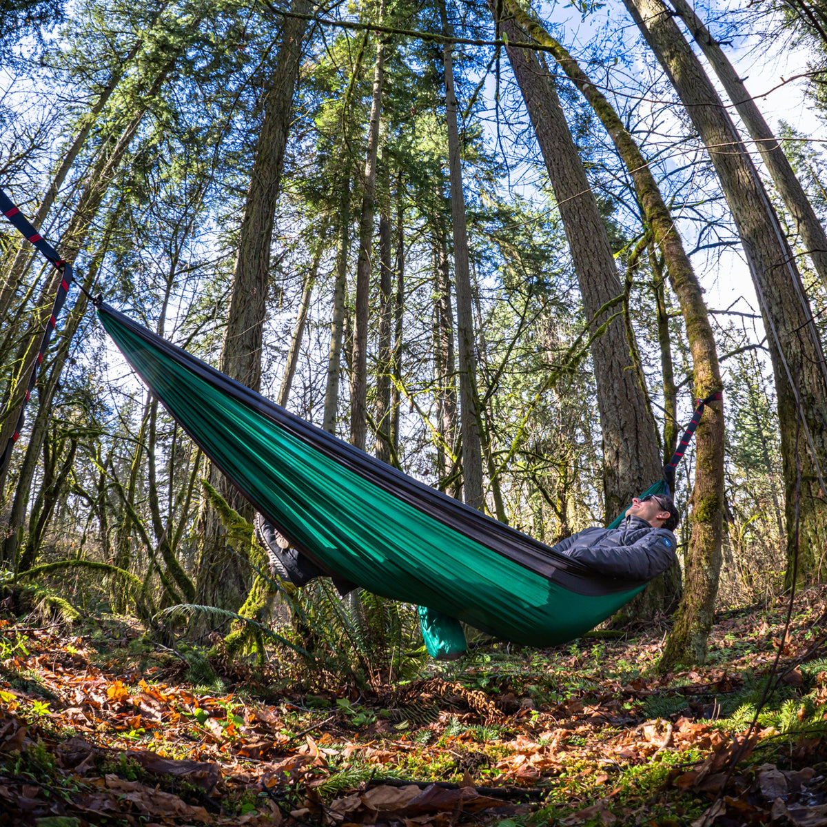 Person relaxing in a green hammock surrounded by trees in a forest.