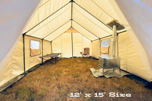 inside of a 12 x 15 wall tent with camping gear