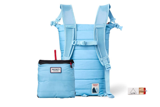 sky blue monti shasta backpack cooler on white background